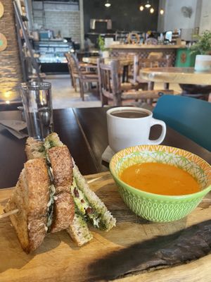 Grilled cheese sandwich with roasted red pepper soup   at The Green Place in Puerto Vallarta
