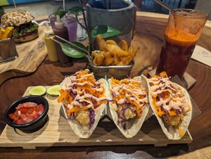 Baja tacos, potato wedges and a yummy drink with beet juice at The Green Place in Puerto Vallarta