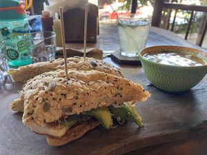Tofu sandwich with soup of the day (vegetable soup)  at The Green Place in Puerto Vallarta