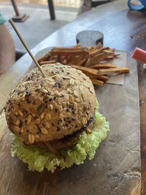 Beyond burger with sweet potato friess  at The Green Place in Puerto Vallarta