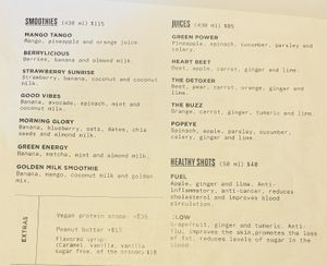 Menu - Smoothies and Juices   at The Green Place in Puerto Vallarta