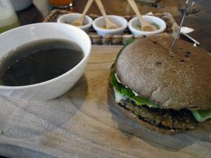 Bean Burger with Veggiesoup at The Green Place in Puerto Vallarta
