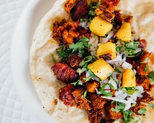 Pastor taco made with seitan. Vegan tacos every Tuesday. at The Green Place in Puerto Vallarta