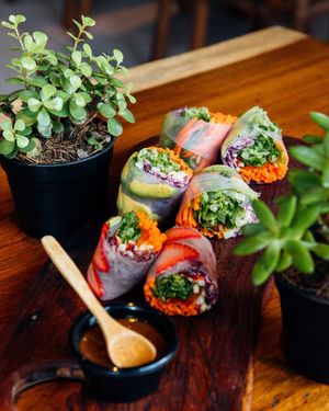 Spring rolls with a peanut and ginger sauce. at The Green Place in Puerto Vallarta