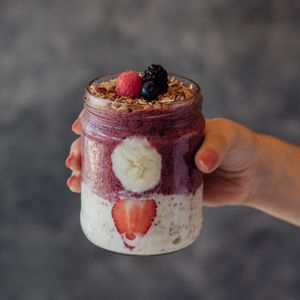 Chia parfait. Layer of overnight oatmeal with chia and an other layer of berries nice cream. at The Green Place in Puerto Vallarta