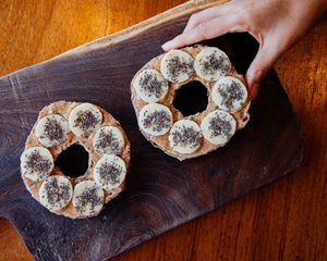 Peanut butter, banana, chia bagel. at The Green Place in Puerto Vallarta