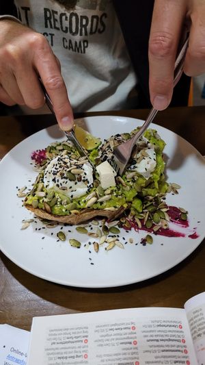 Avo toast & grains, Seeds, root beets hummus at Lifted Coffee & Brunch in Hanoi