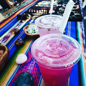 Floral agua frescas -Rose infused pitaya pineapple and Lavender lemonade  at Organic Junkie in Corona