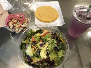 Ceviche, salad, and lavender lemonade at Organic Junkie in Corona