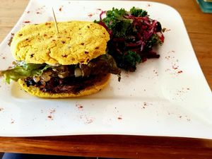 gluten free (request) vegan burger at Mandala Cafe in Puerto Viejo De Talamanca