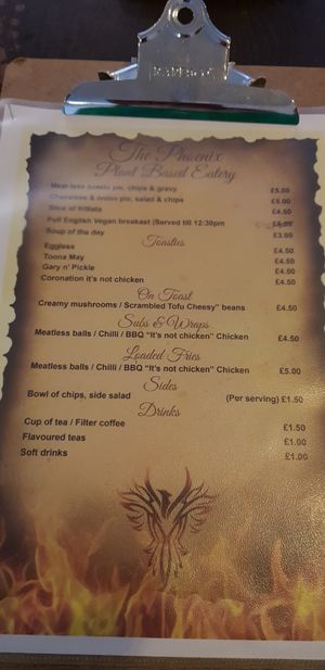 Menu as at November 2018 at Phoenix Plant Based Eatery in Prescot