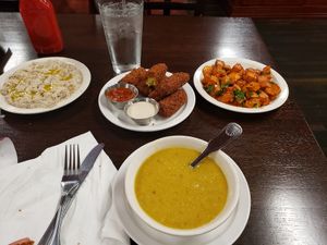Falafel, Spicy Potatoes, BaBa Ganoush, Lentil soup at Kaslik Mediterranean Cuisine in Hazelwood