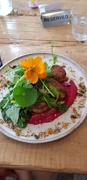 Falafel with beetroot humus and savoury granola at Vanilla Food in Noosaville