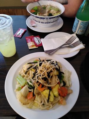 Udon noodles with soy shrimps at Samata Vegan House in Hollywood