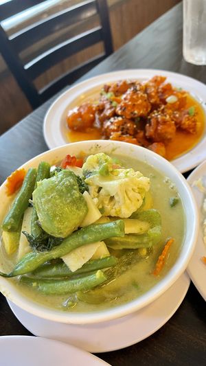 Green curry and Orange chicken  at Samata Vegan House in Hollywood