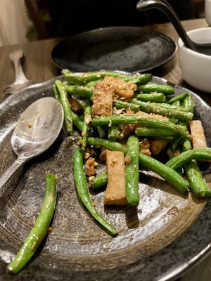 Garlic green beans with soy chicken.  at Samata Vegan House in Hollywood