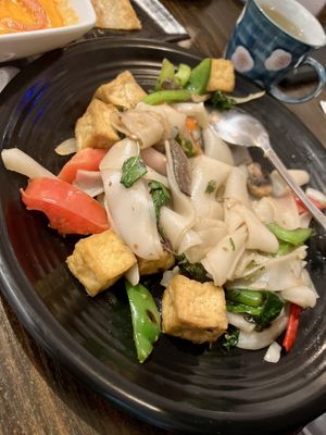 Gluten free Drunken noodles (super spicy! Even though they look tame)   at Samata Vegan House in Hollywood