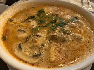 Tom Kha Soup with soy chicken  at Samata Vegan House in Hollywood