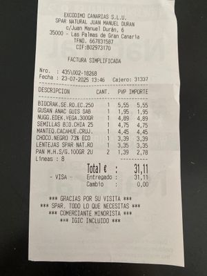 Spar receipt for a feew items  at Natural Spar in Gran Canaria