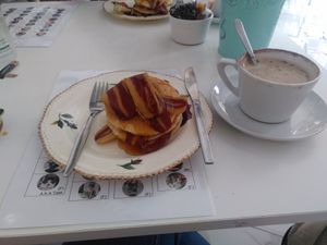 Pancakes with 'bacon' and maple syrup at Purple Cat Cafe in Glasgow
