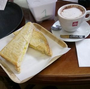 Vegan toastie and hot chocolate at Purple Cat Cafe. at Purple Cat Cafe in Glasgow