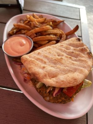 Vegan white bean burger on grilled naan   at The Fairmount Cocktail Bar in Cleveland Heights
