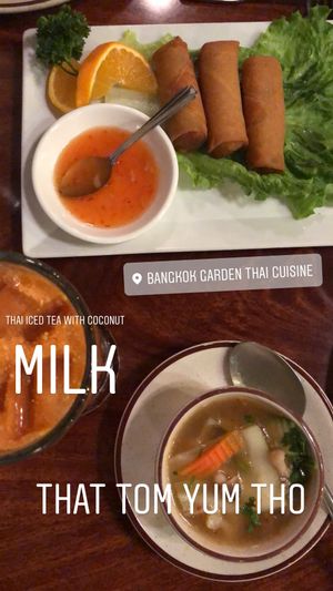 Had Veggie rolls, soup, Thai tea, and fried rice, all really good! at Bangkok Garden in Sacramento