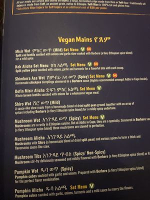 Vegan options clearly marked  at Addis in Cape in Cape Town