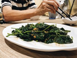 Sweet potato leaves with minced ‘pork’ & sambal sauce at Green Signature - Yishun in North Singapore