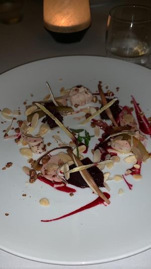 Beets and hearts of palm with candied ginger and pickled banana flowers, second course of the set menu at The Pepper Tree in Phu Quoc