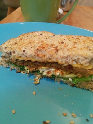 Breakfast sandwich, silken tofu, veg patty and it's delicious! at Cali Cafe in Cozumel