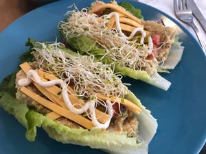 “Tuna” done in a lettuce wrap. Chickpeas flavored to taste like tuna, actually fabulous at Cali Cafe in Cozumel