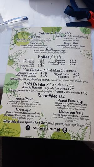 Menu in April 2019 at Cali Cafe in Cozumel