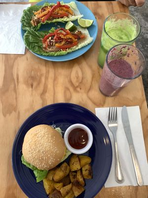burger and the thay lettuce wrap  at Cali Cafe in Cozumel