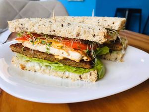 Breakfast Sandwich, also comes with side of roasted potatoes at Cali Cafe in Cozumel