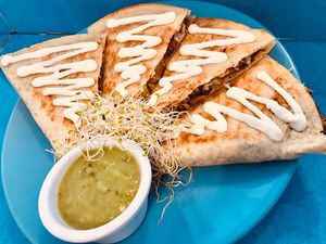 Quesadilla with soy chicken, mushrooms, and vegan cheese at Cali Cafe in Cozumel