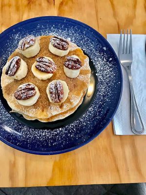 Pancakes with banana and pecan at Cali Cafe in Cozumel