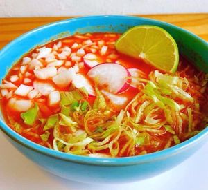 Pozole, tradition Mexican soup made with hominy and oyster mushrooms at Cali Cafe in Cozumel