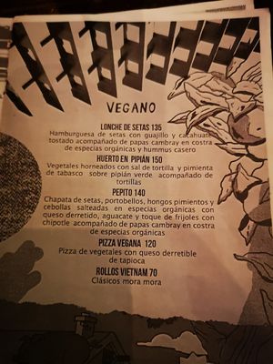 Menu at Mora Mora in Cancun