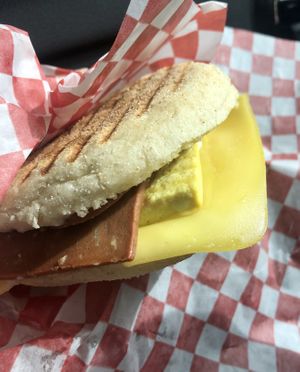 Breakfast sandwich (cheese, tofu and bacon) at Wild Trails Coffee in North Vancouver