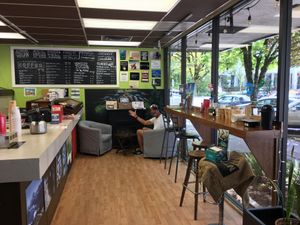 My hubby waiting for his wrap at Wild Trails Coffee in North Vancouver