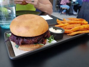 Vegan black bean and beetroot burger at Hale & Hearty in Waterloo