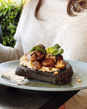 Grilled mushroom and cashew cheese toast on charcoal GF bread at Hale & Hearty in Waterloo