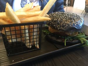 Beyond Meat Charcoal burger with normal fries at Hale & Hearty in Waterloo