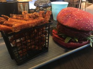 Beetroot Quinoa Burger with Sweet Potato Fries at Hale & Hearty in Waterloo