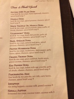 dosa list with ingredients at Kathakali Indian Cuisine in Kirkland