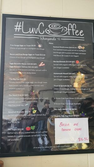 Menu at LuvCoffee in Whangamata