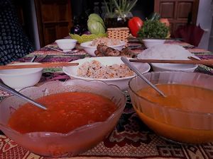 Table is ready. Pumpkin soup, Tomato soup, Fried rice and many other good products at Hao Tea House in Ha Giang