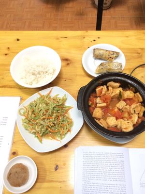 Springroll, steamed rice, tofu in tomato sauce at Hao Tea House in Ha Giang