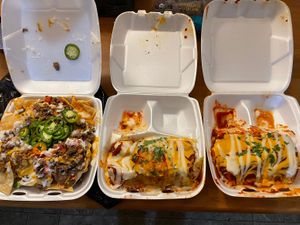 (L to R) Nachos and two wet burritos  at Doomie's NextMex - Vine in Hollywood